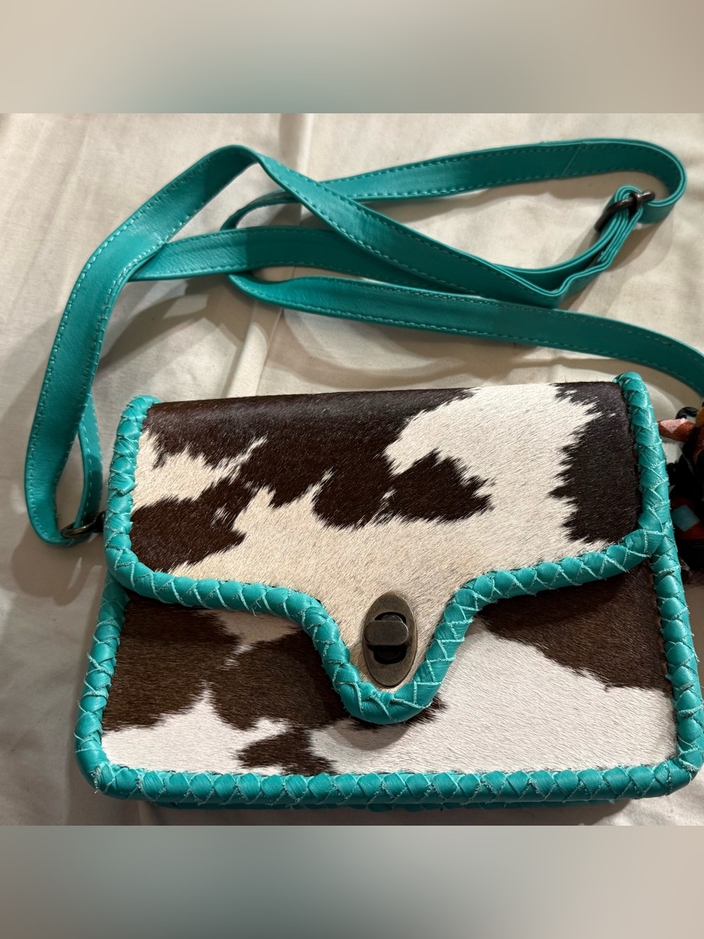 Handmade Turquoise Leather & Cowhide Mini Crossbody | Western Boho One of a Kind